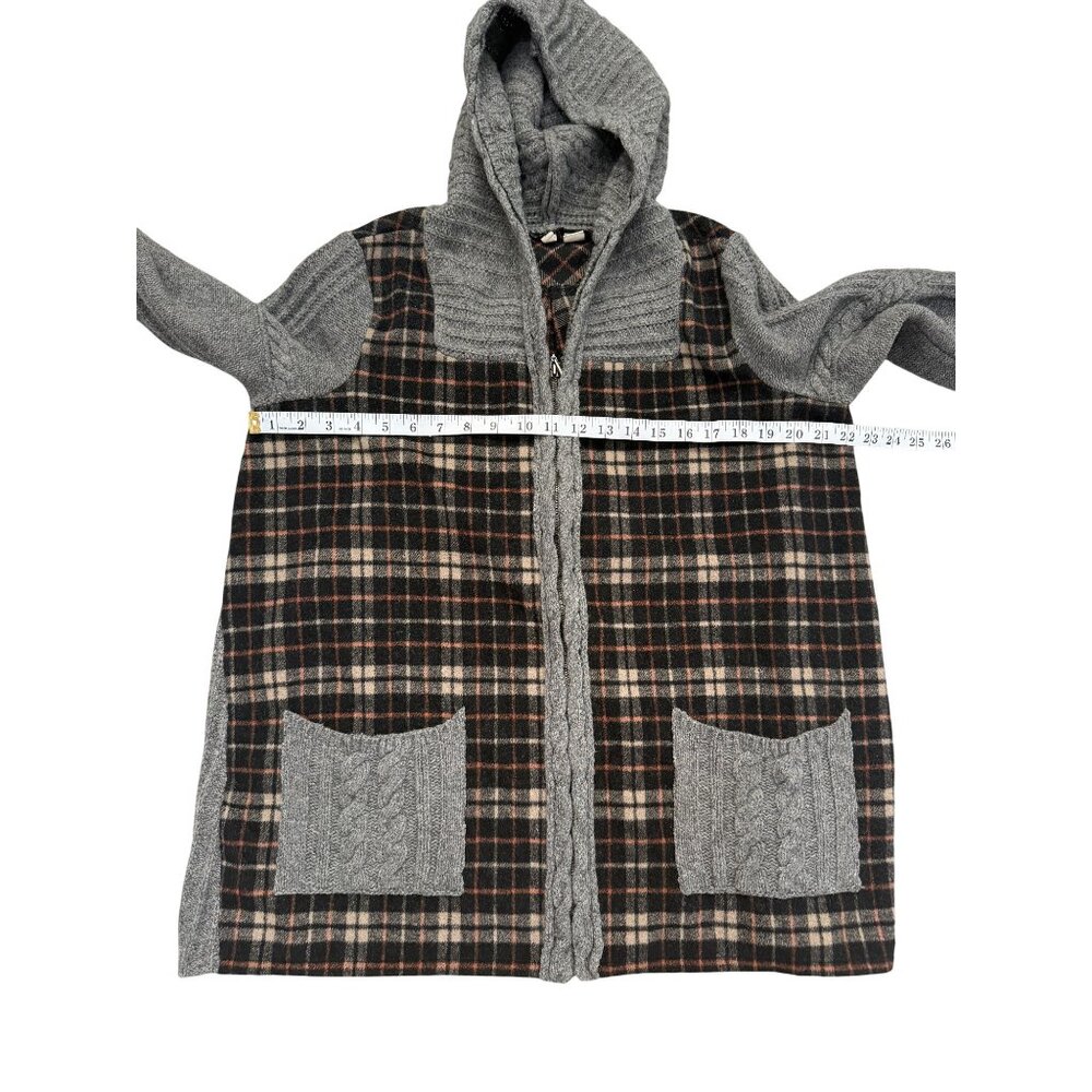 Anthropologie Moth Derry Plaid Jacket Hooded Cable Knit Sweater Wool Women Sz L - Picture 6 of 10